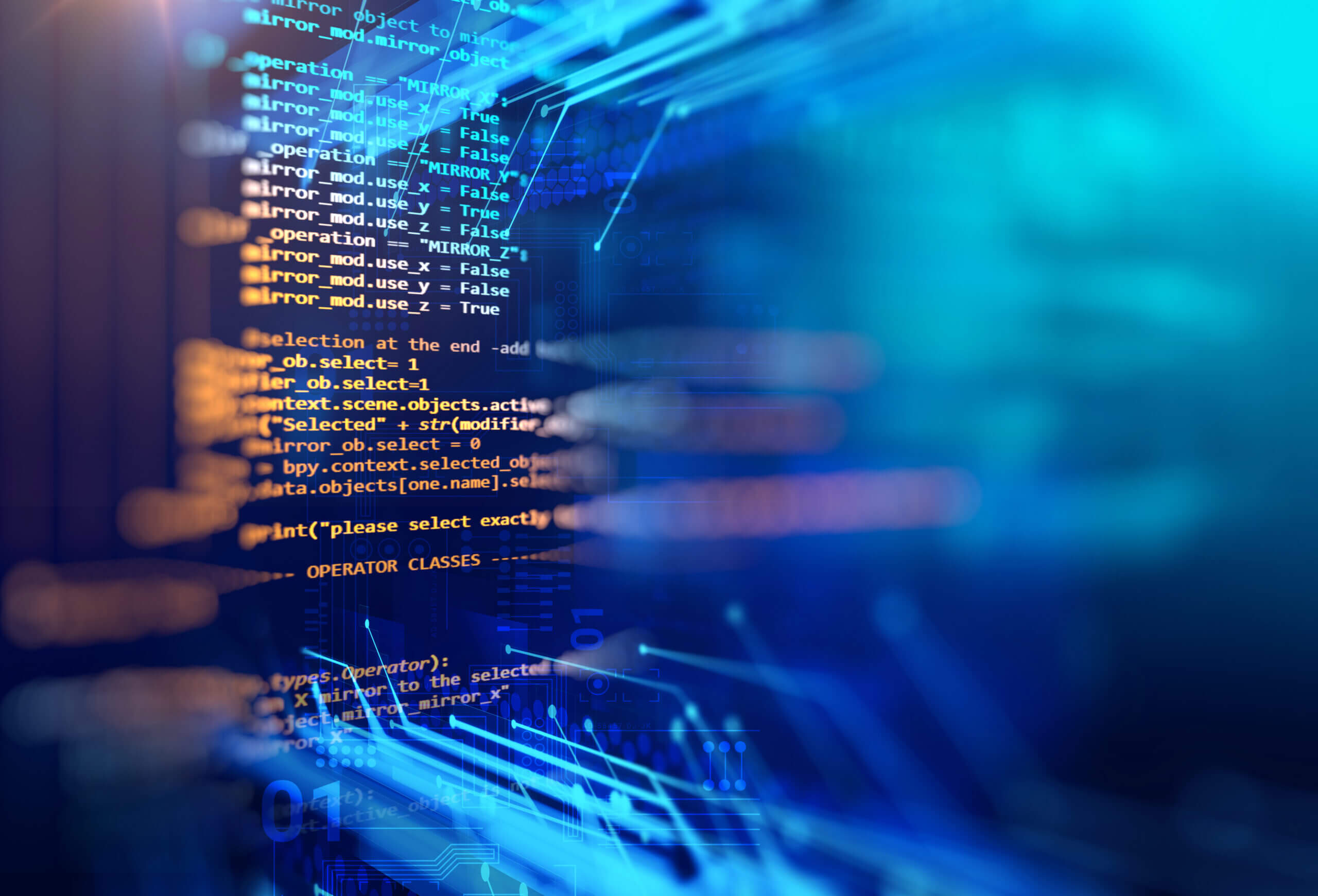 A blue screen with yellow, orange, and blue computer code and blue lines connecting to it. This represents our expertise in networking software systems and fractional CTO/CIO services in Cleveland and around the U.S.